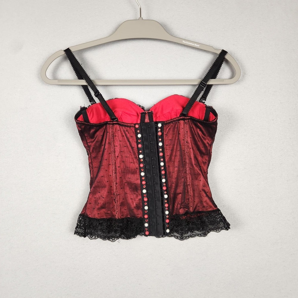 Affinitas Intimates Bustier Corset Top Womens 32C Red Black Lace Rhinestone - Picture 2 of 16